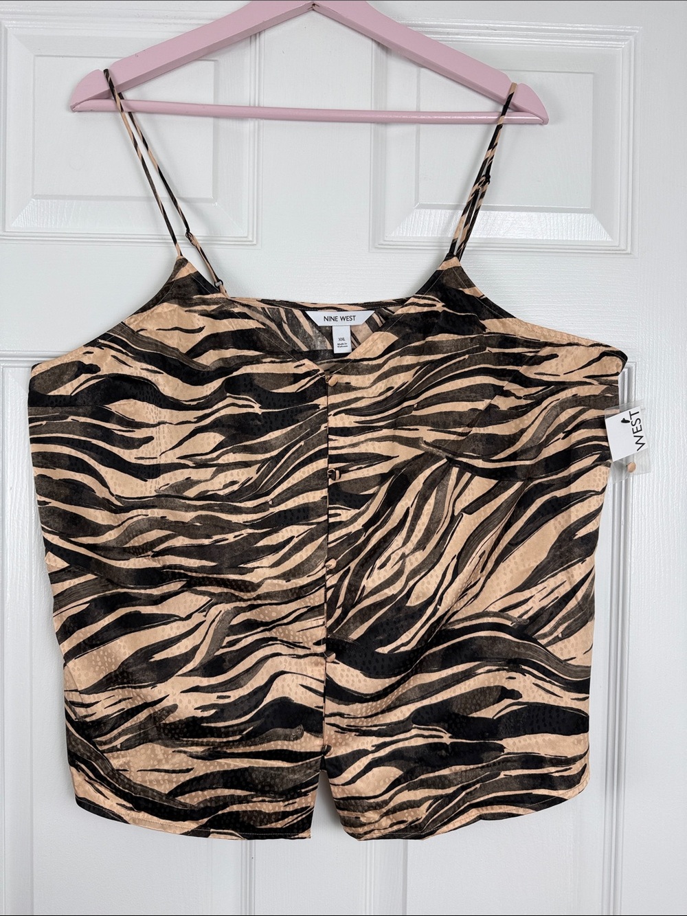 NWT Nine West Black and Nude Beige Zebra-Print Satin Cami